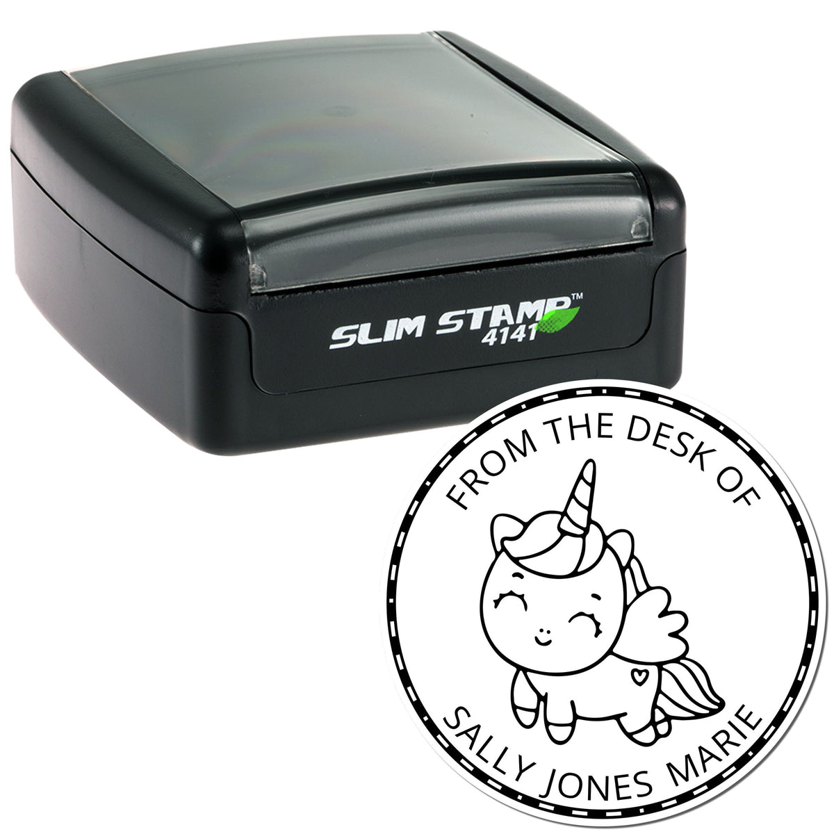 Black self-inking stamp and circular unicorn seal with From the Desk of and Sally Jones Marie text on white background.