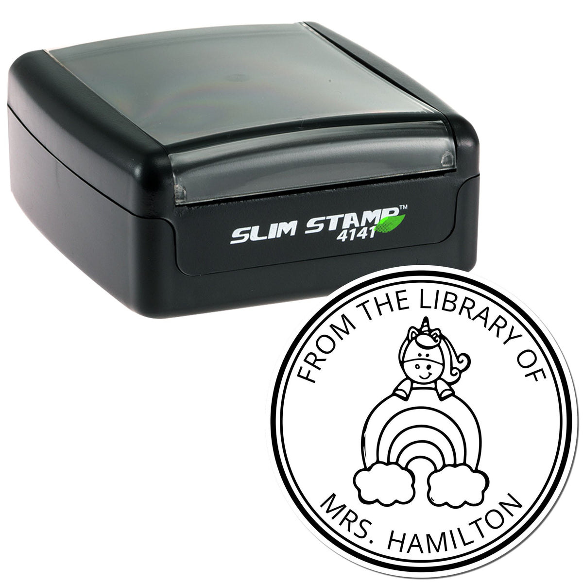 Black Slim Stamp 4141 self-inking stamp with round library seal featuring a unicorn, rainbow, and Mrs. Hamilton text.