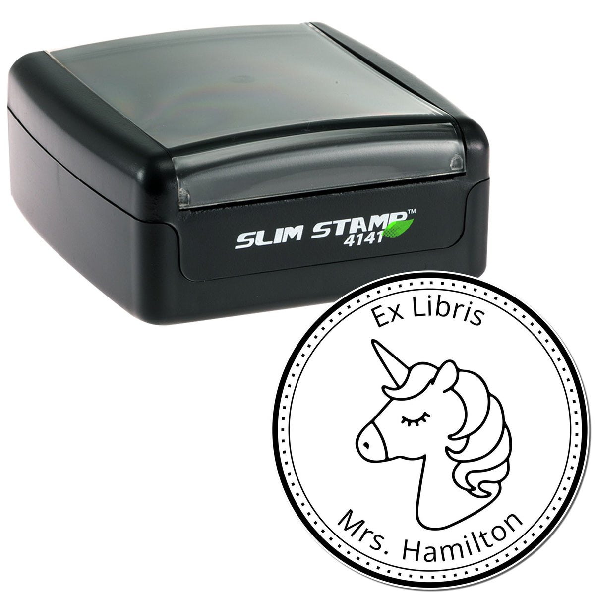 Black Slim Stamp 4141 and round Ex Libris unicorn seal, black-and-white custom stamp set.