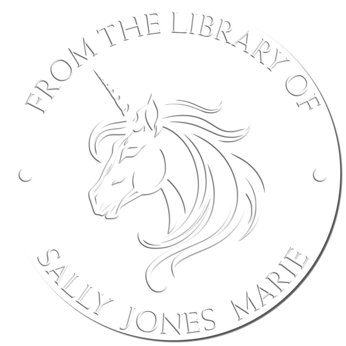 White embossed circular book stamp seal with unicorn head and curved text: From the Library of Sally Jones Marie.