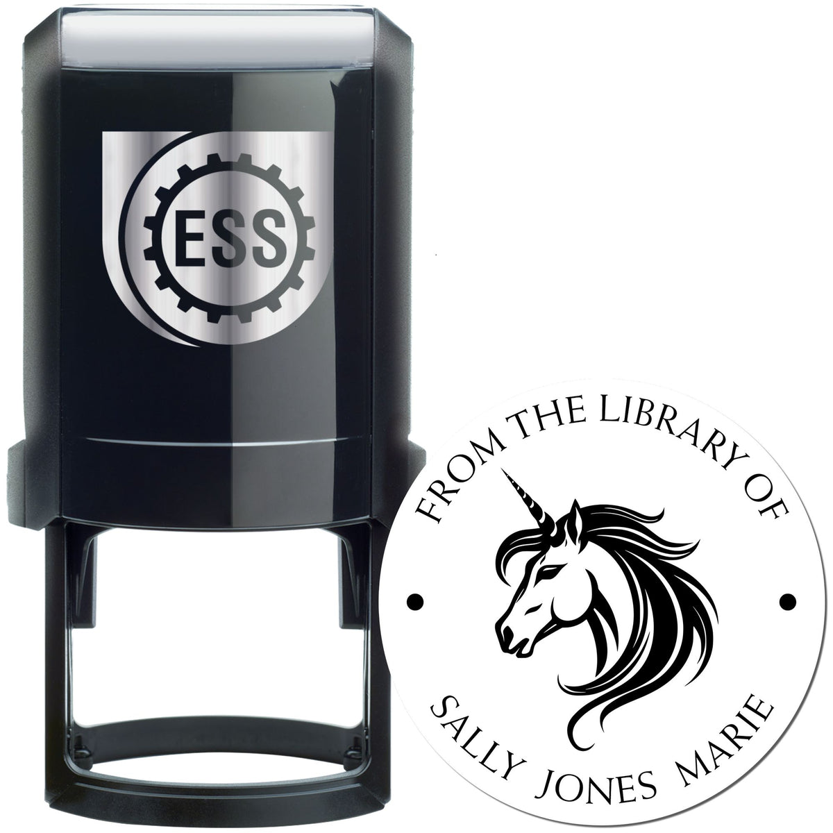 Black self-inking ESS stamp and white circular library seal with unicorn and personalized text on a white background.