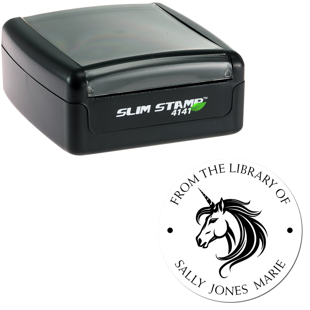Black Slim Stamp self-inking stamp with gray top and round unicorn library seal for Sally Jones Marie.