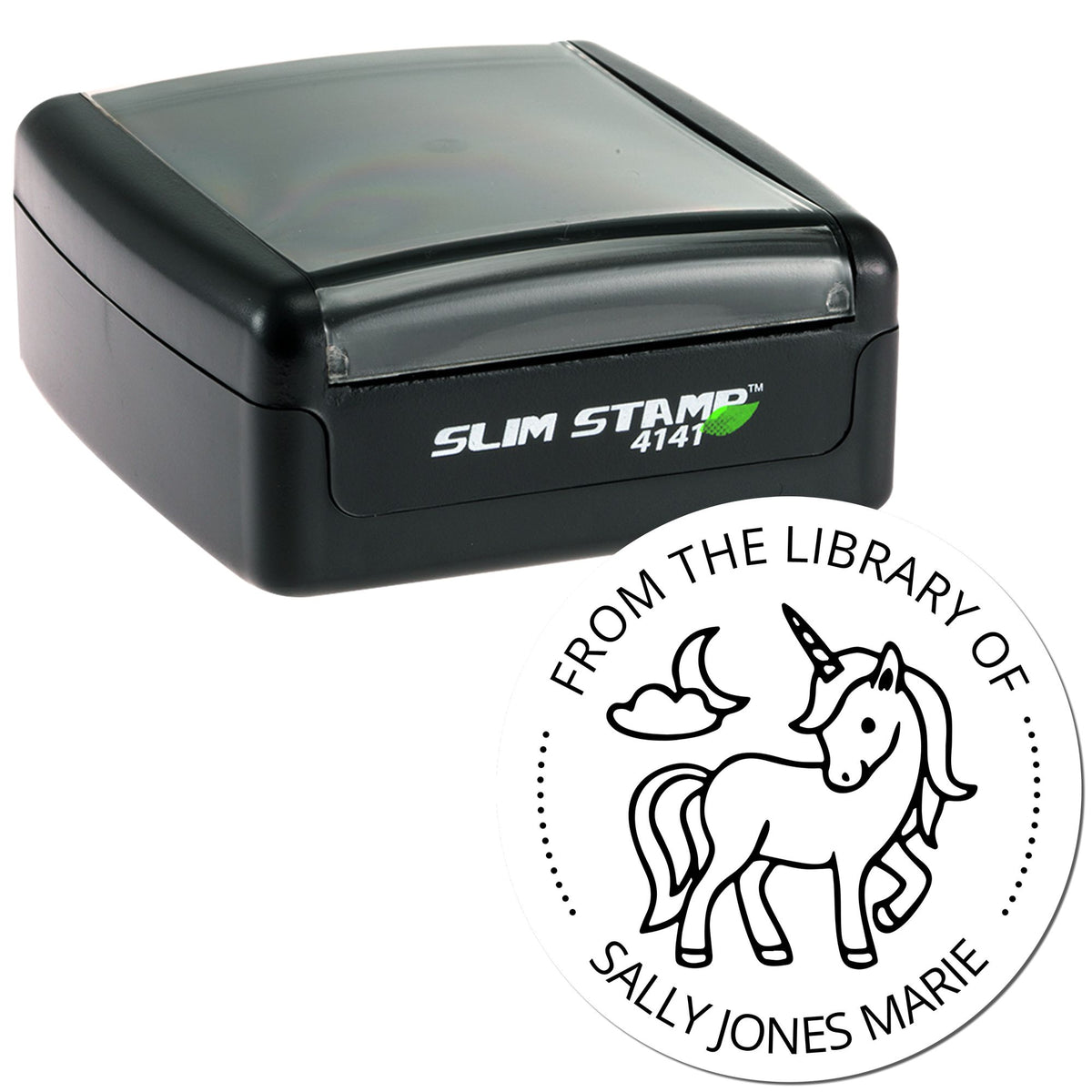 Black Slim Stamp 4141 self-inking stamp with white circular library seal featuring a unicorn and From the Library of Sally Jones Marie