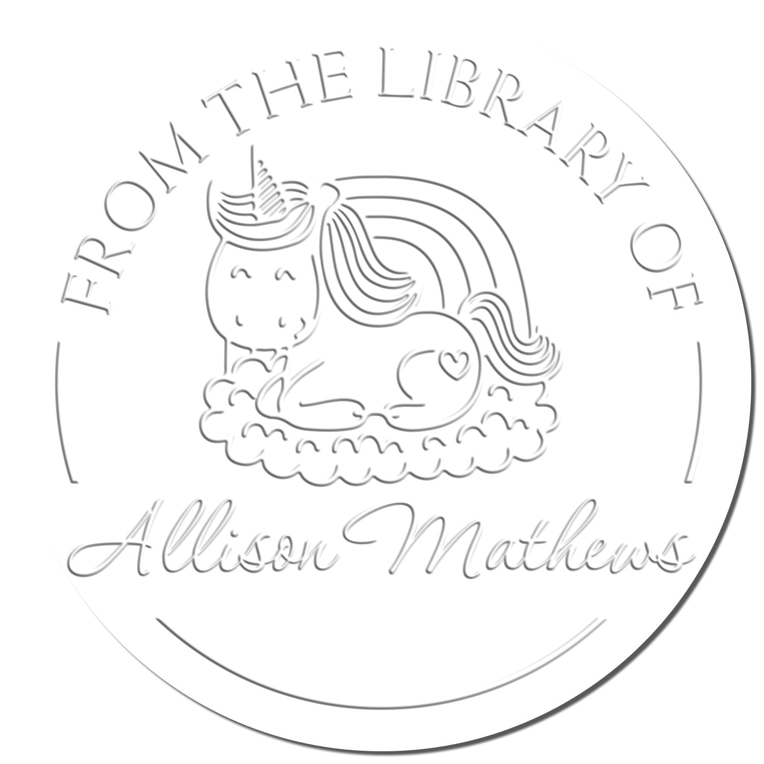 Circular white embossed library seal stamp with unicorn and gray text, “From the Library of Allison Mathews.”