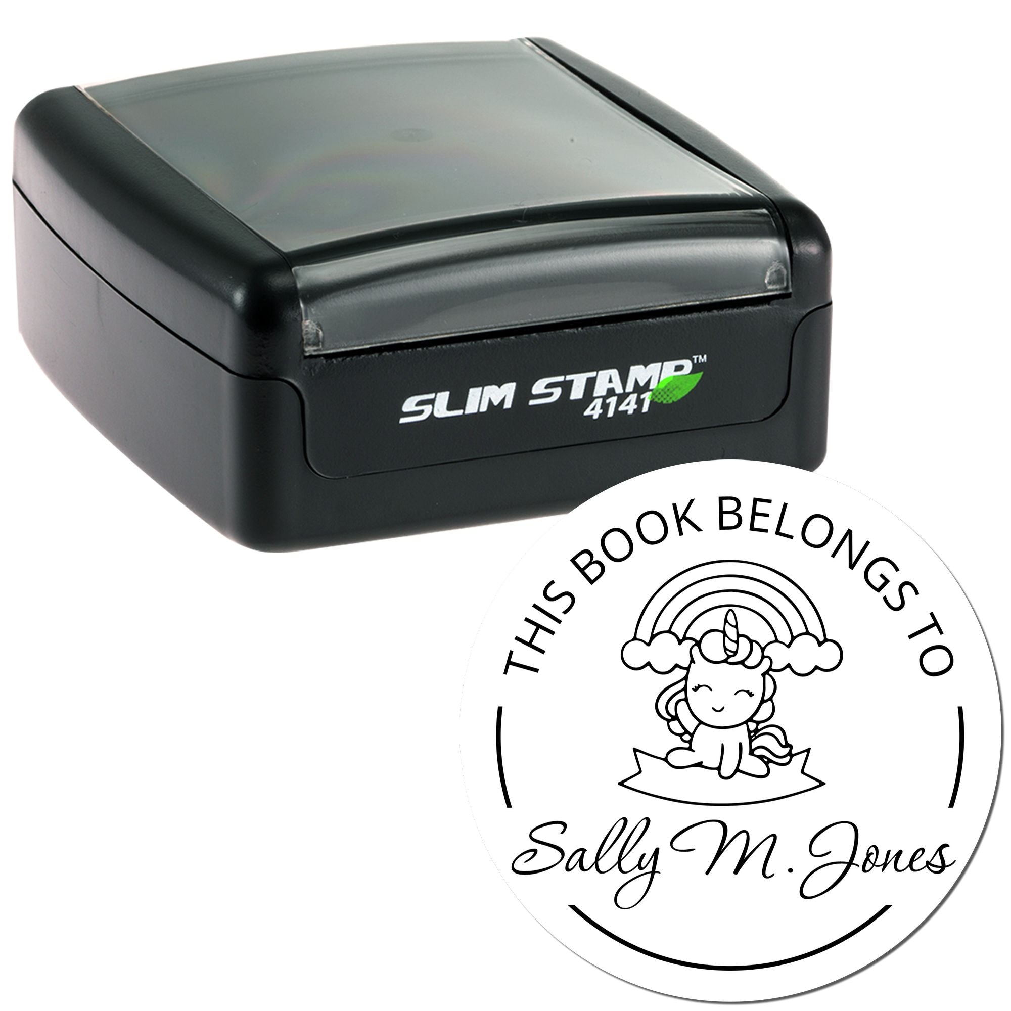 Black self-inking Slim Stamp 4141 with custom round unicorn book seal for Sally M. Jones on white background