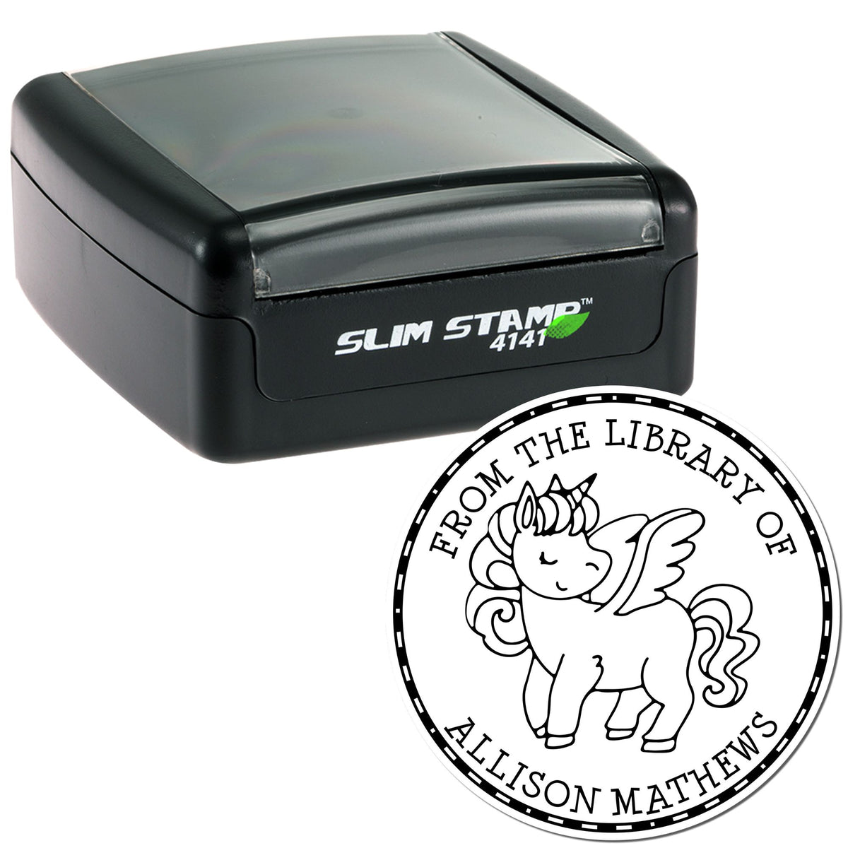 Black self-inking Slim Stamp with gray cover and round library seal featuring a unicorn and Allison Mathews text.