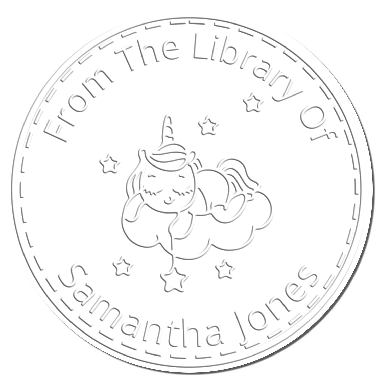 Round gray embossing stamp and seal with unicorn on cloud, stars, and From the Library of Samantha Jones around the edge.