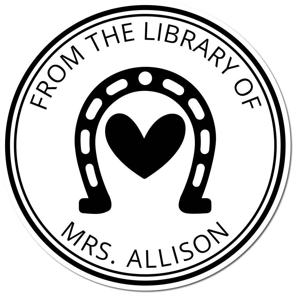 Black-and-white round library stamp seal with heart in horseshoe, reading "From the Library of Mrs. Allison".
