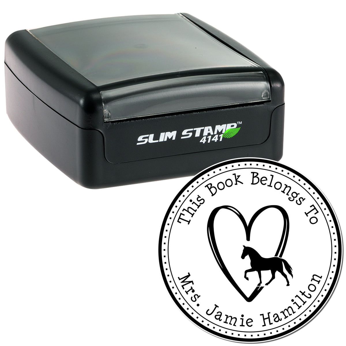 Black Slim Stamp 4141 self-inking stamp with translucent lid beside a circular book seal reading This Book Belongs to Ms. Jamie Hamilton