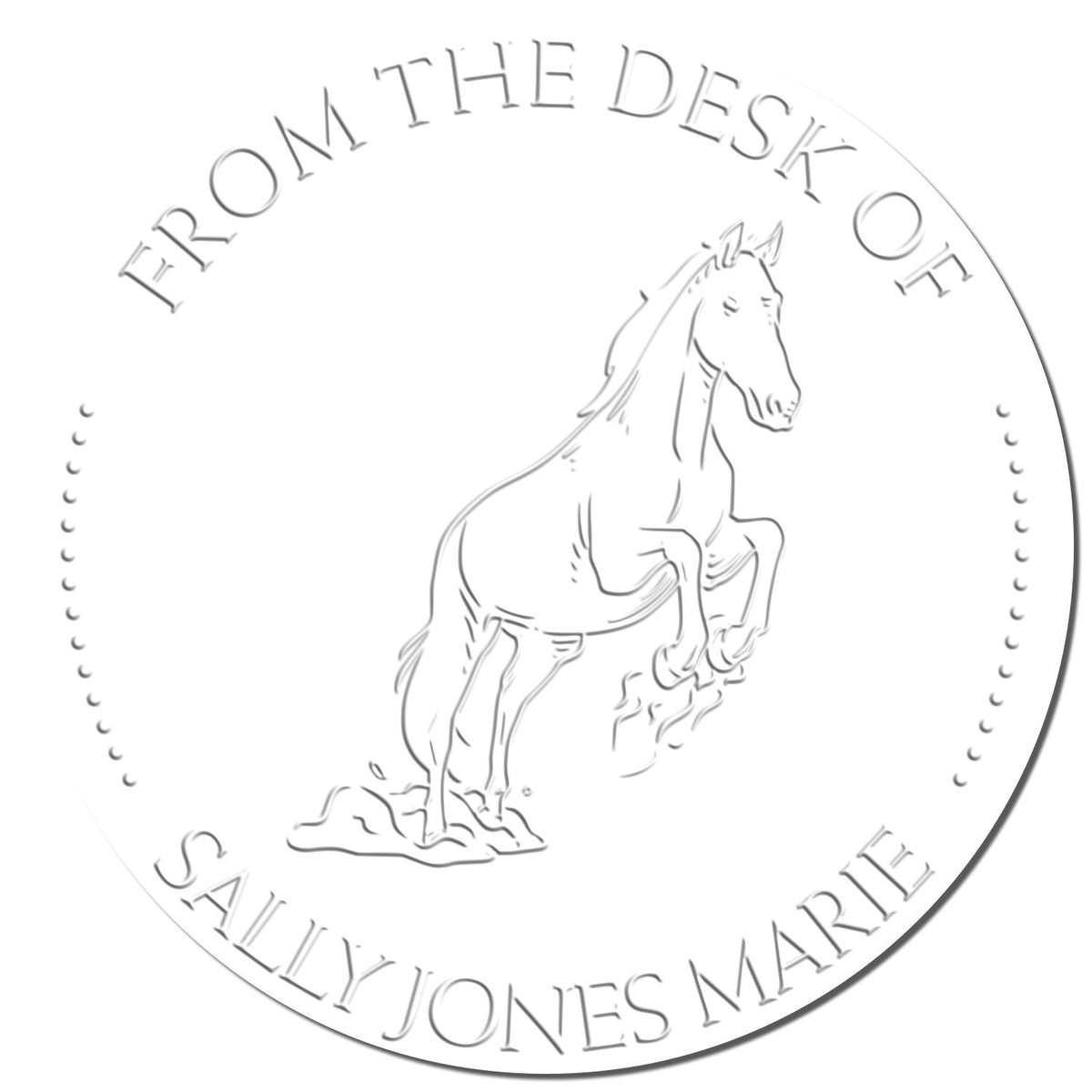 ESS Whispering Shadow Horse handheld embossing seal with custom "belongs to" library book stamp in farm animal stamp style.