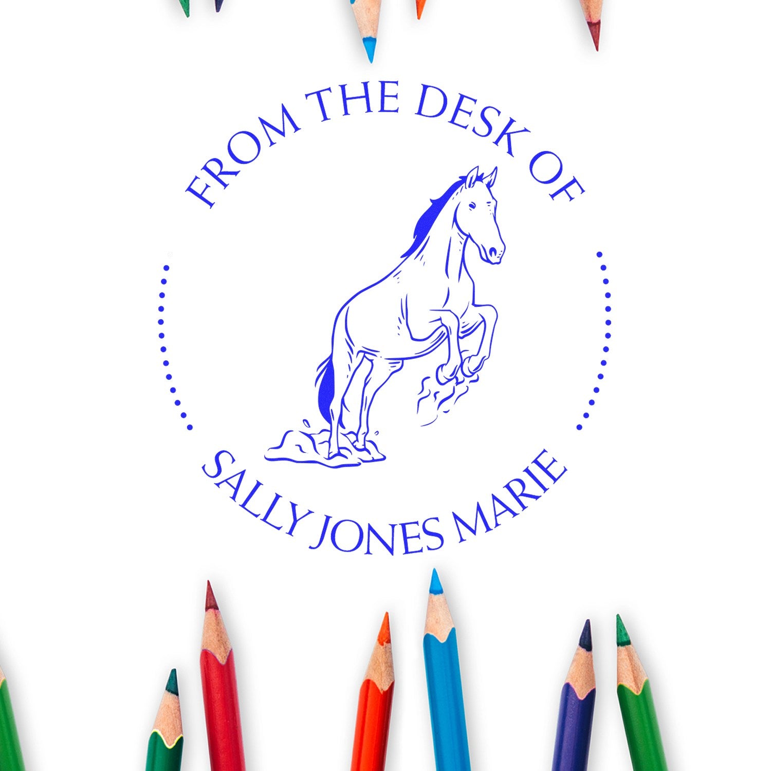 Blue horse desk stamp seal reading From the Desk of Sally Jones Marie, framed by colorful pencil tips on white background