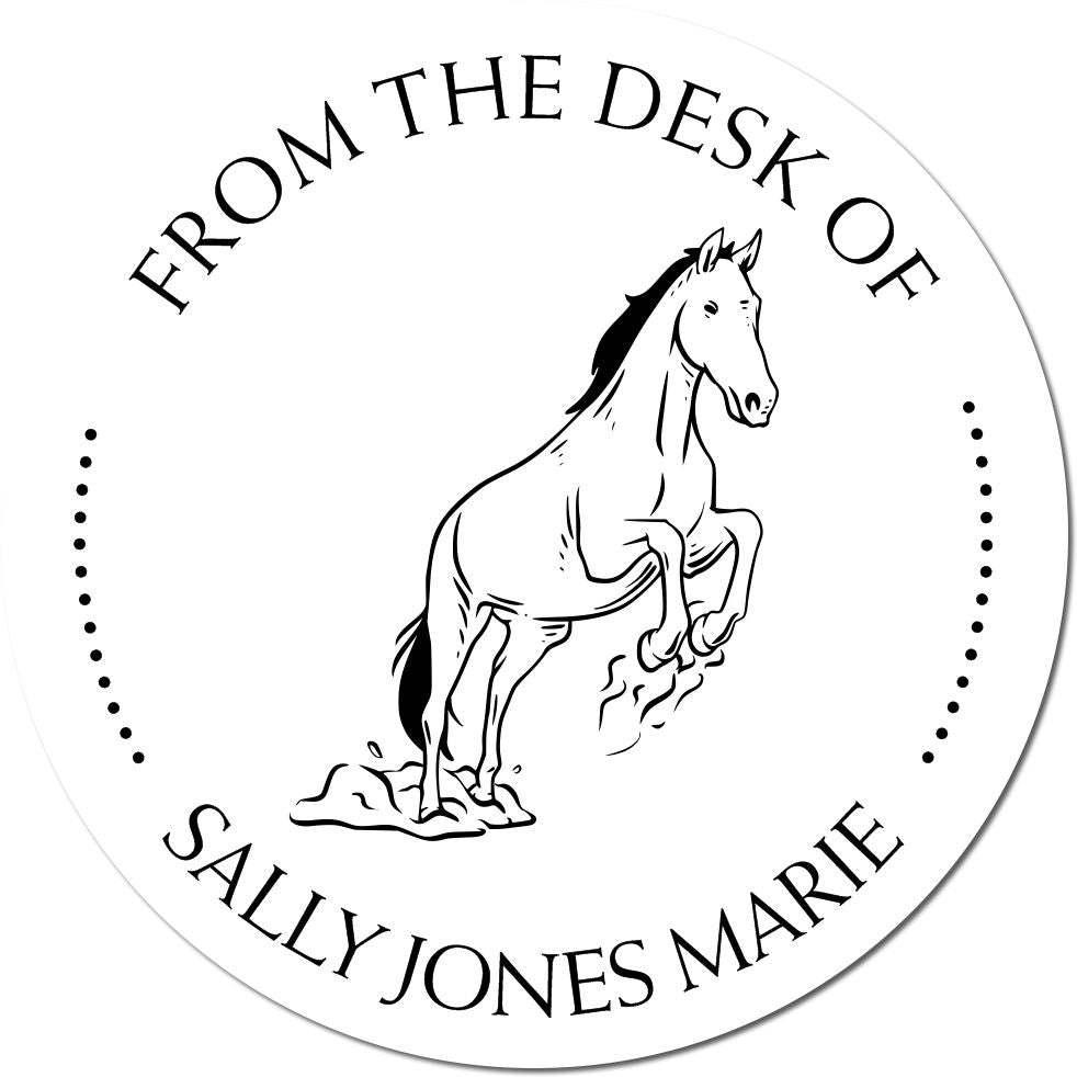 Circular black-and-white desk stamp seal with rearing horse, dotted accents, and text From the Desk of Sally Jones Marie.