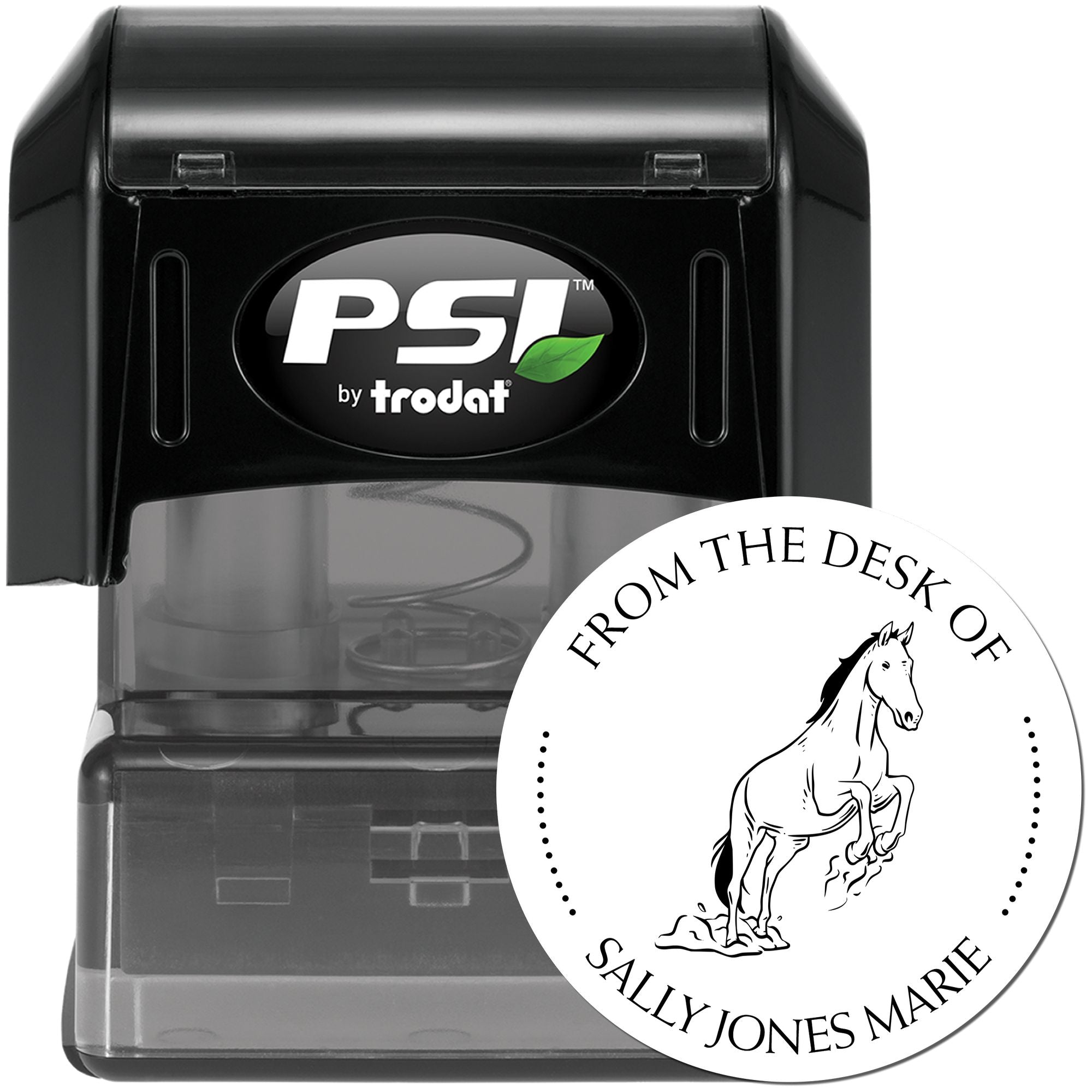 Black PSI by Trodat self-inking stamp with clear case and round custom horse seal reading From the Desk of Sally Jones Marie.