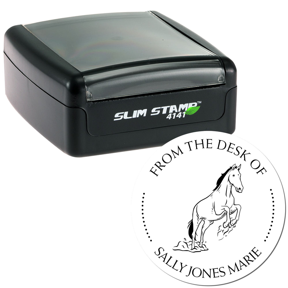 Black Slim Stamp 4141 with custom round white seal featuring horse illustration and Sally Jones Marie text.