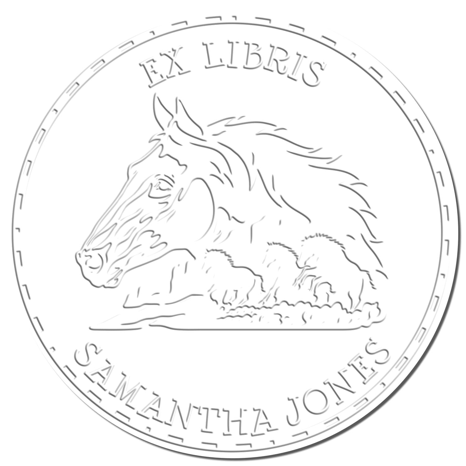 White circular embossed stamp seal with horse head line art and gray serif text: Ex Libris Camanthia Jones.