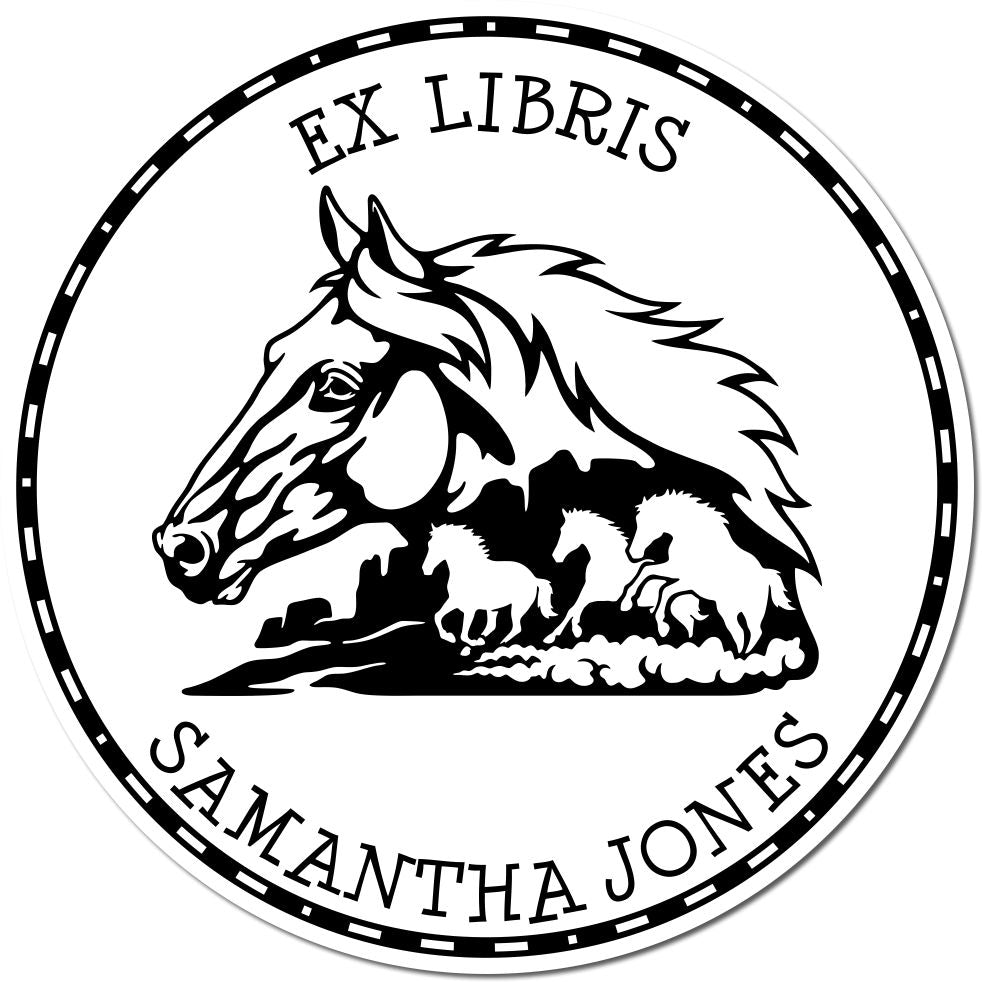 Black-and-white round Ex Libris stamp seal with horse head and running horses, bordered in black, reading Samantha Jones.