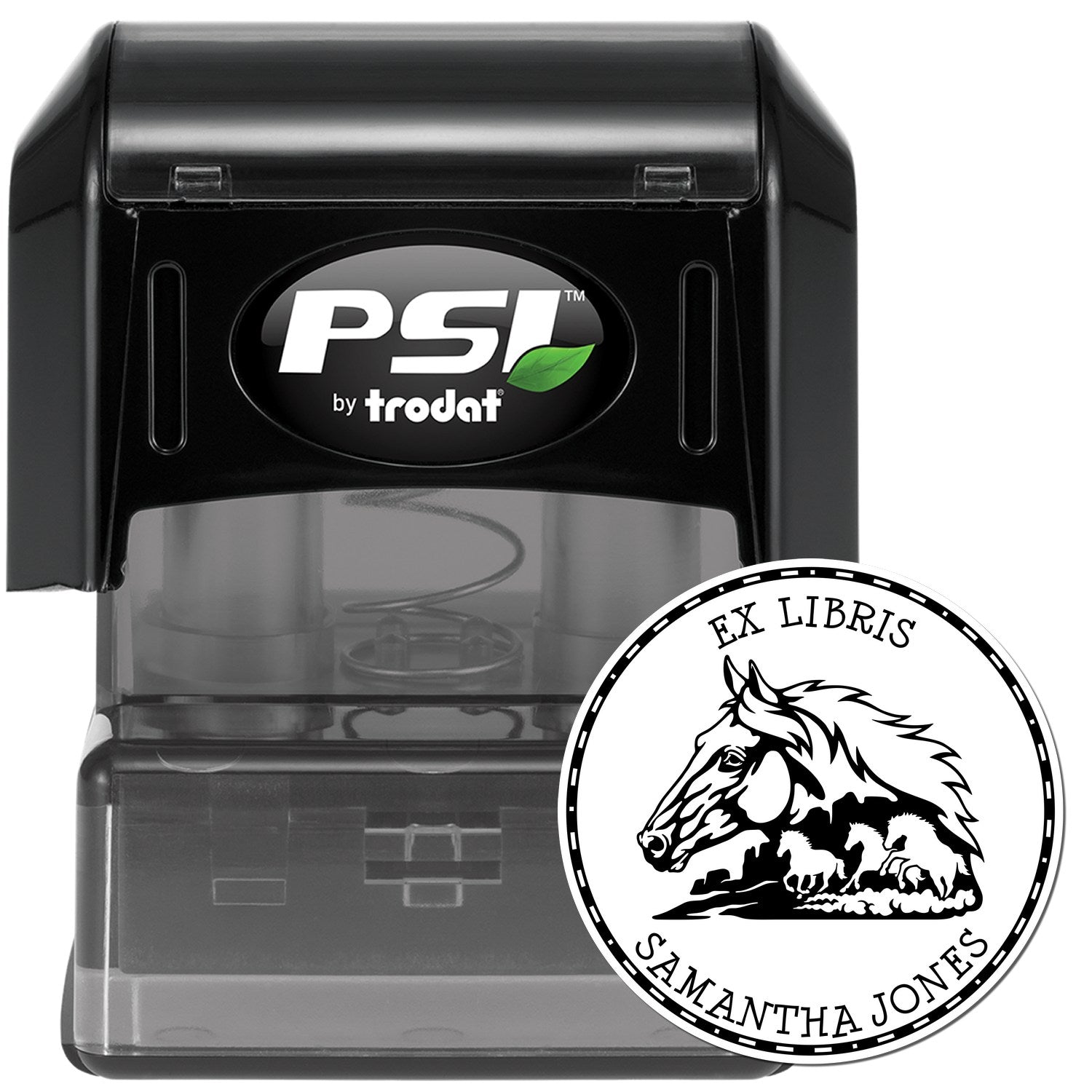 Black PSI by Trodat self-inking stamp with circular Ex Libris horse seal for Samantha Jones
