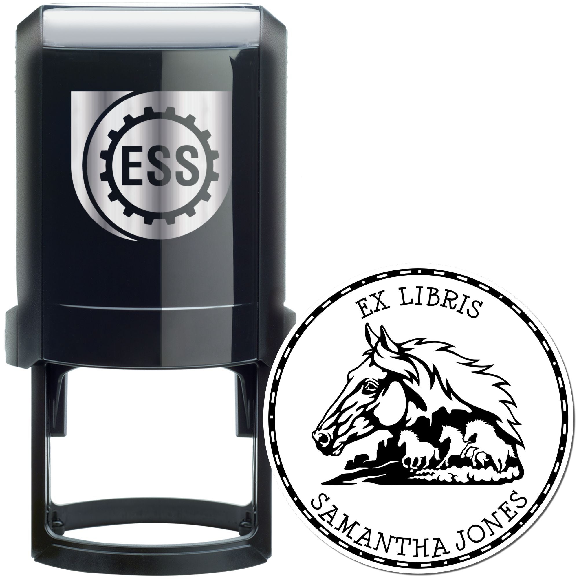 Black self-inking stamp and round seal products with silver ESS logo, plus white ex libris seal with a black horse.