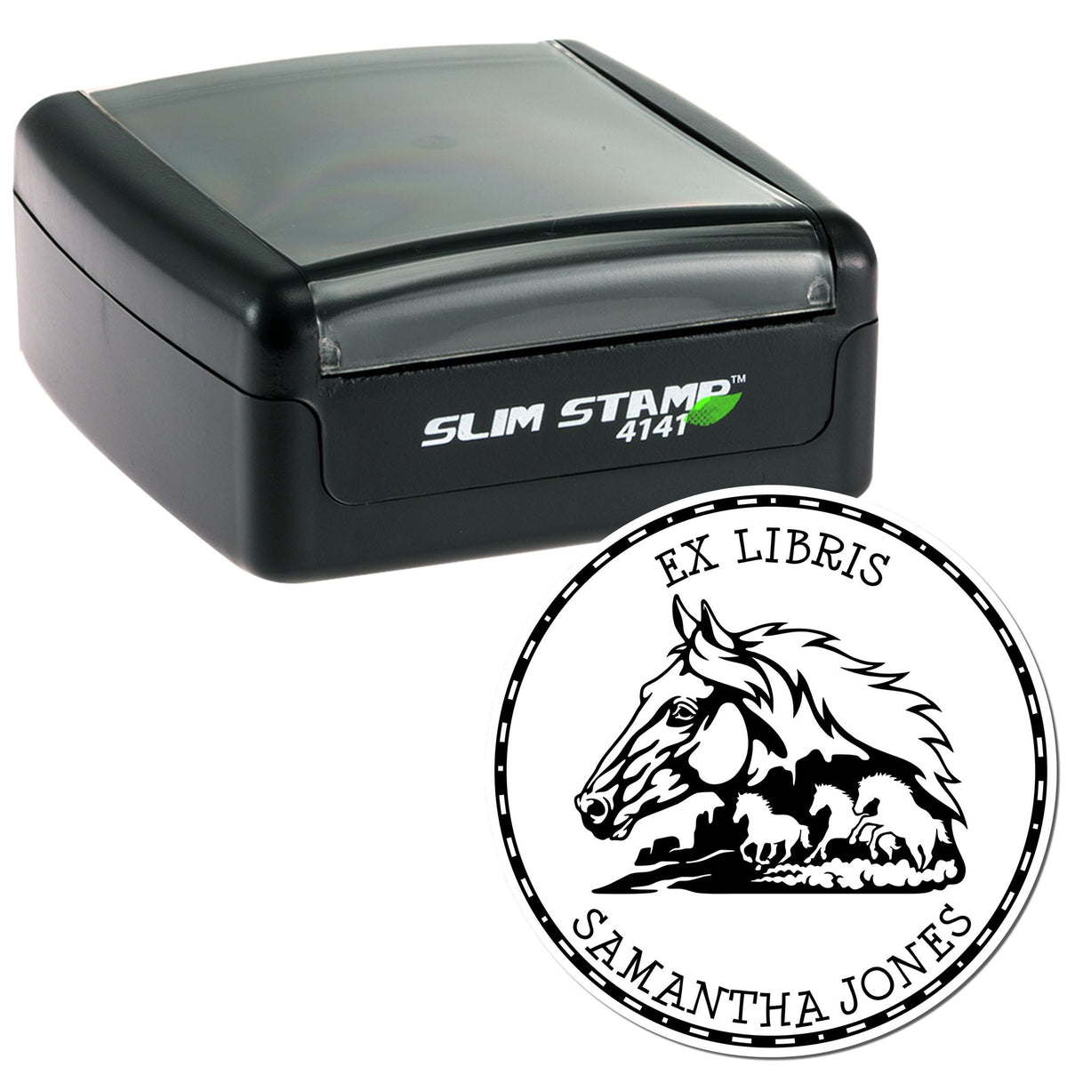 Black Slim Stamp 4141 self-inking stamp with round custom seal showing horse head, Ex Libris Samantha Jones
