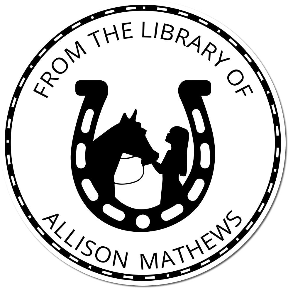 Black circular library stamp seal with horseshoe, girl, and horse silhouette; text reads From the Library of Allison Mathews.