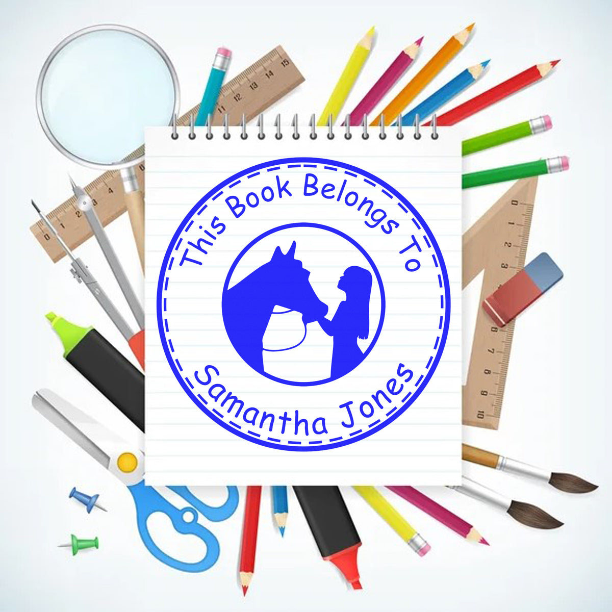 Blue custom book stamp seal reading This Book Belongs To Samantha Jones, with colorful pencils, rulers, and school supplies.