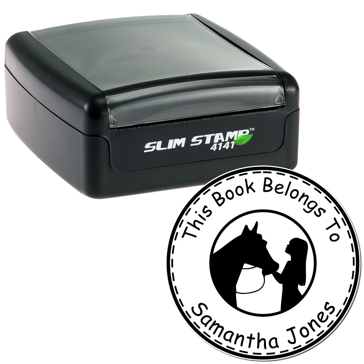 Black Slim Stamp 4141 with clear cover and circular black-and-white book seal for Samantha Jones with horse silhouette