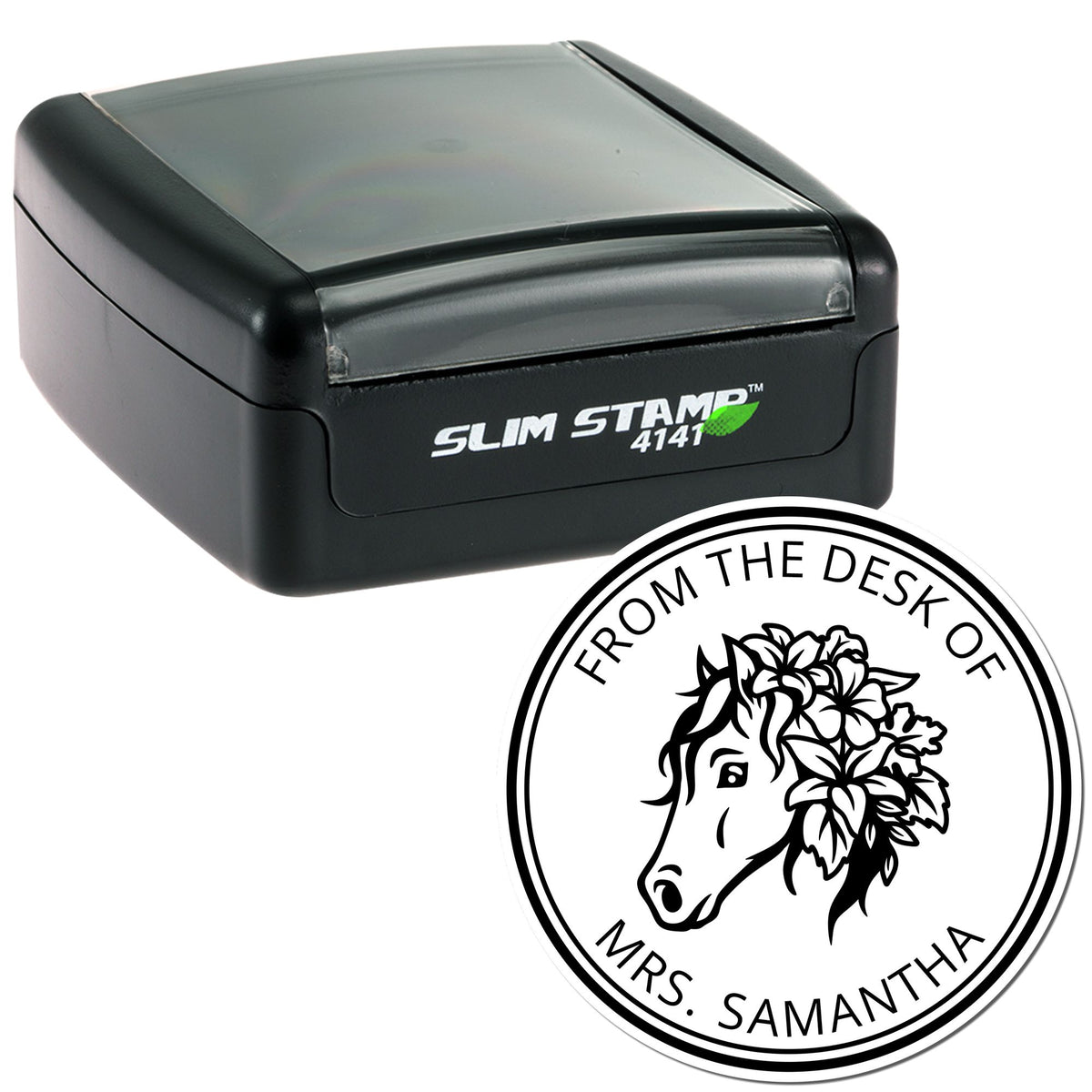 Black Slim Stamp 4141 self-inking desk stamp with clear cover and round custom seal featuring a horse head and Mrs. Samantha text.