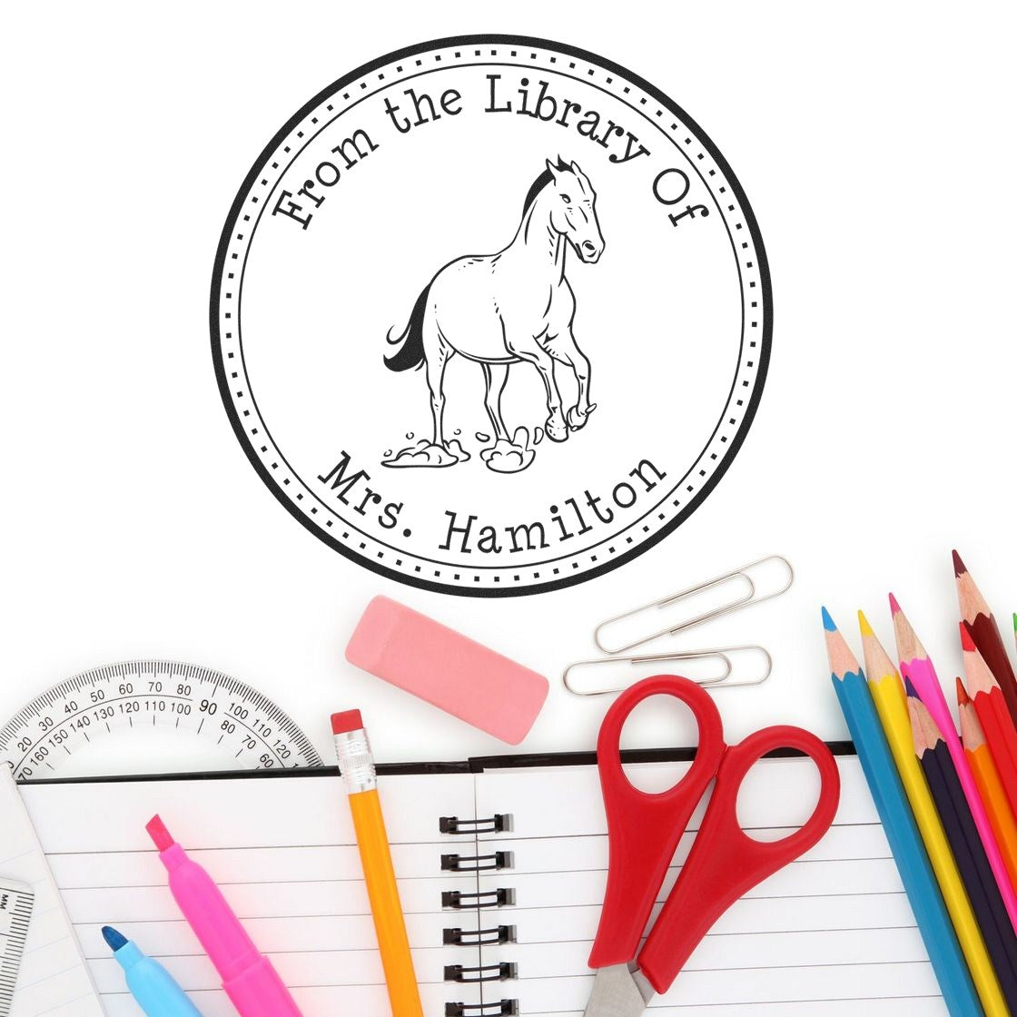Custom black-and-white round library stamp seal with horse illustration and From the Library Of Mrs. Hamilton text.