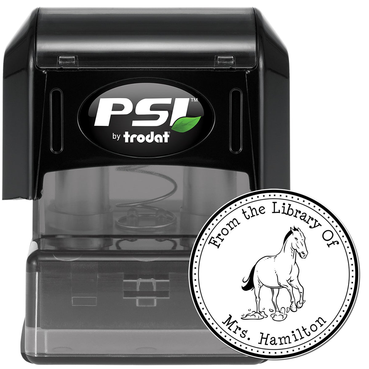 Black PSI by Trodat self-inking stamp with clear library seal featuring a horse and Mrs. Hamilton text.