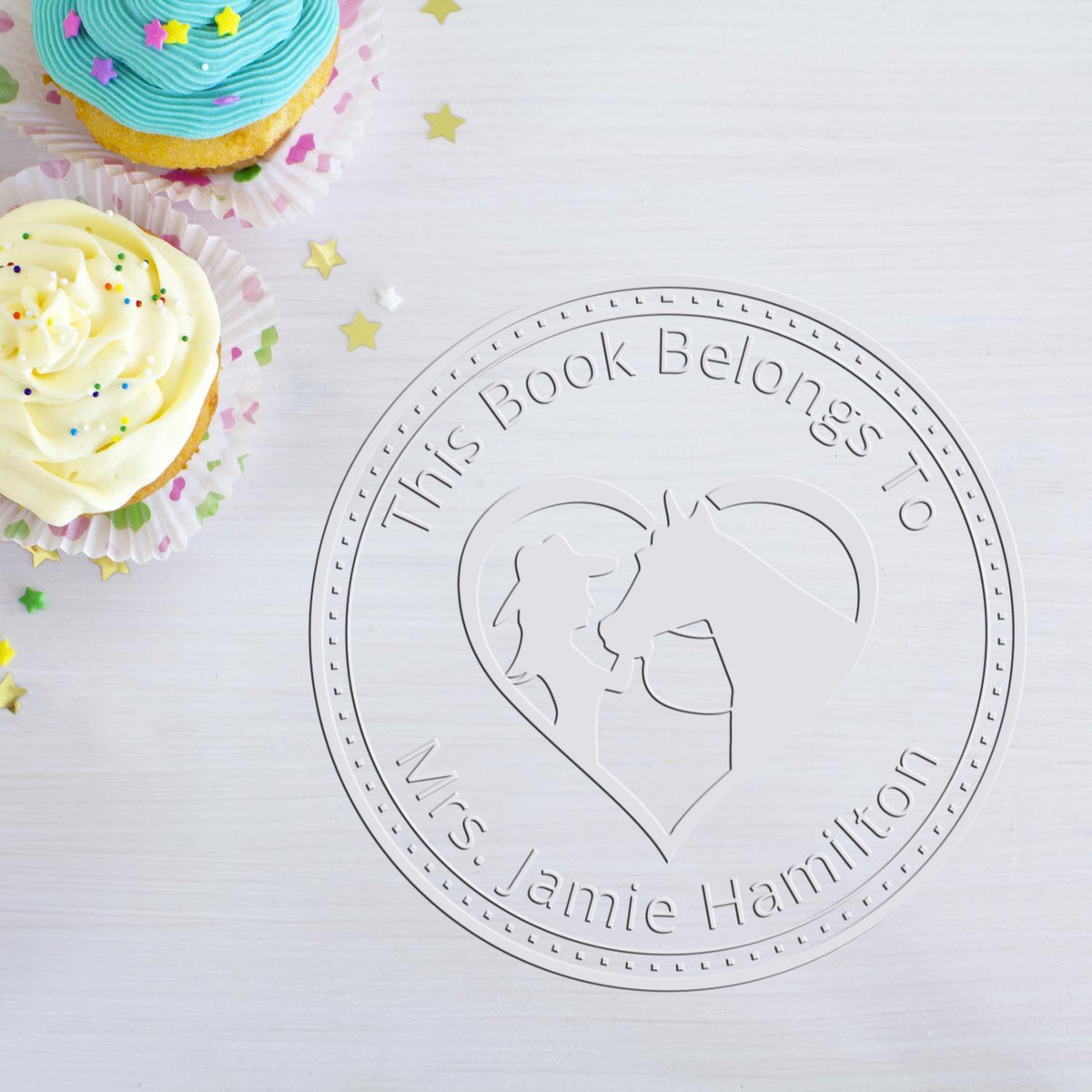 ESS Starlight Gaze Horse Handheld Custom Embosser featuring a detailed horse design, used as a farm animal stamp.