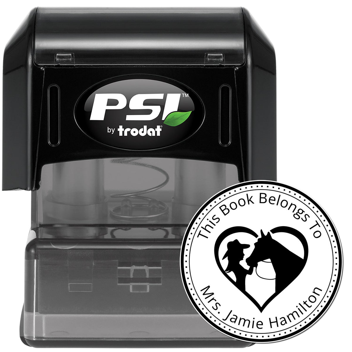 Black PSI by Trodat self-inking stamp and round book seal, white text, heart and horse silhouette, for Mrs. Jamie Hamilton.