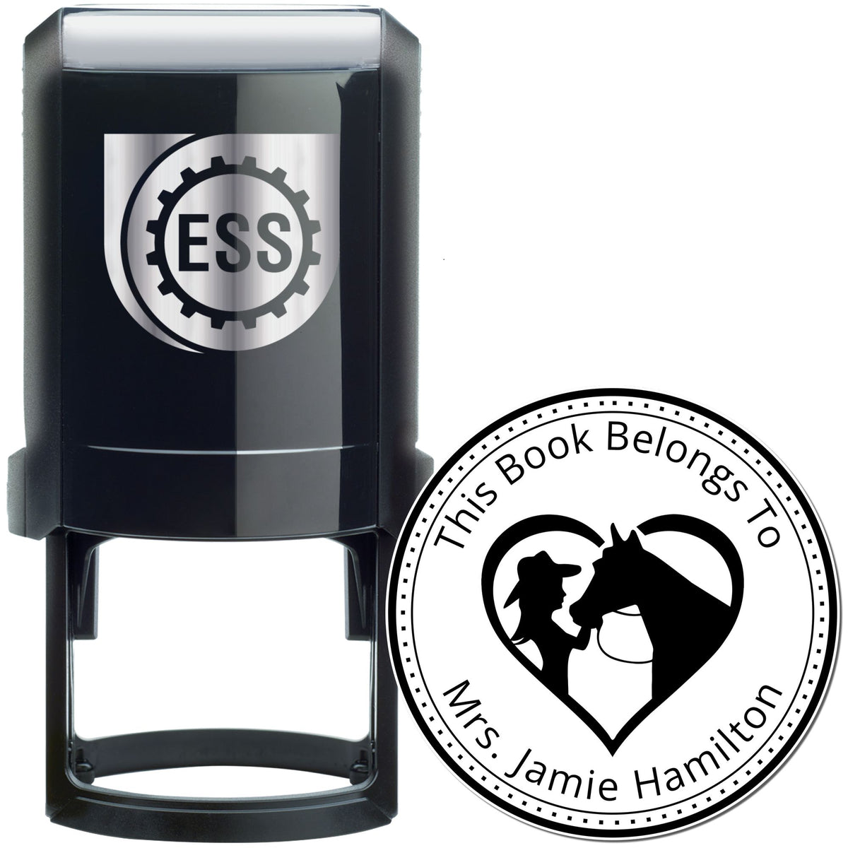 Black self-inking stamp with ESS gear logo and round custom book ownership seal featuring horse, rider and white text.