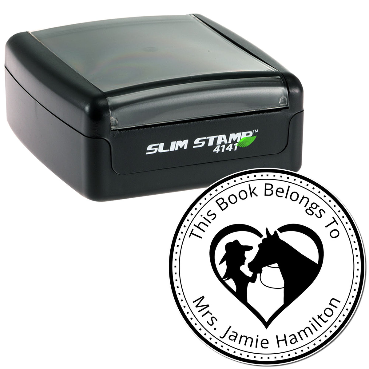 Black Slim Stamp 4141 self-inking stamp with custom circular seal for Mrs. Jamie Hamilton in black and white.