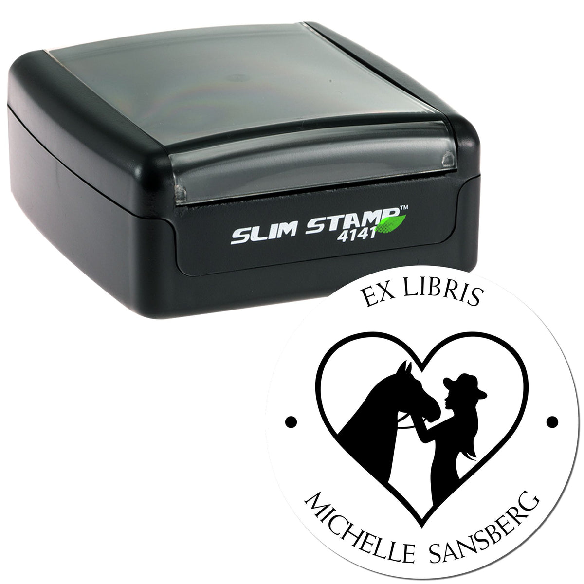 Black Slim Stamp 4141 with translucent gray cover and round white Ex Libris seal featuring black horse-and-woman silhouette
