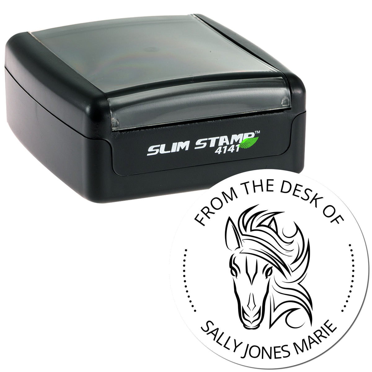 Black Slim Stamp 4141 with matching round desk seal featuring a horse logo and Sally Jones Marie text.