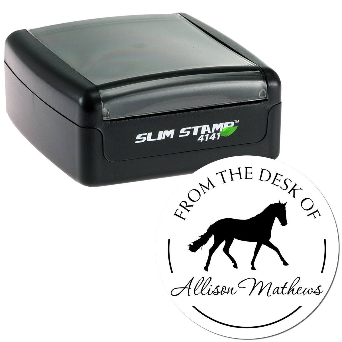 Black Slim Stamp 4141 with translucent gray top and custom round white seal featuring horse silhouette and Allison Mathews text.