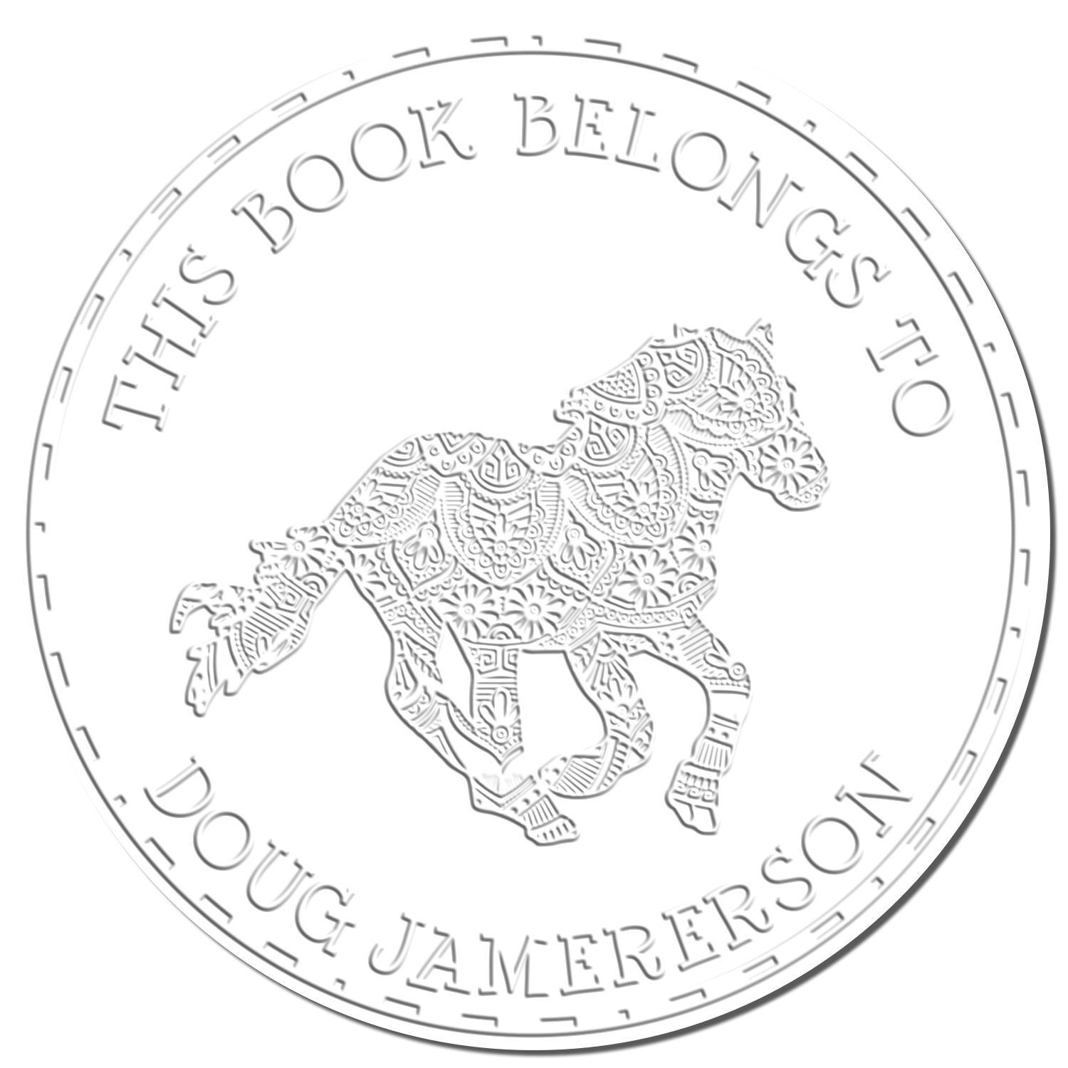 White embossed circular book stamp seal with ornate horse and This Book Belongs To Doug Jamerson text.