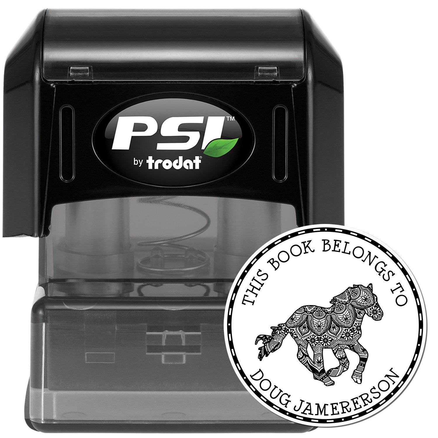 Black PSI by Trodat self-inking stamp with clear base beside a round custom horse seal reading This Book Belongs to Doug Jamerson.