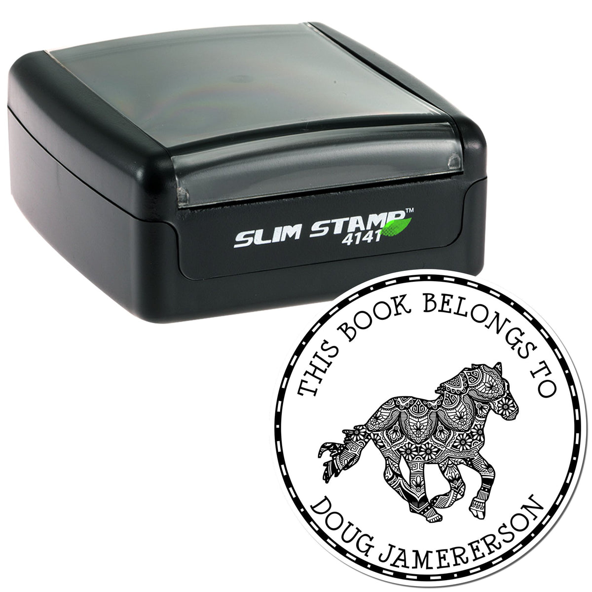 Black self-inking Slim Stamp 4141 and custom circular seal with ornate black horse design on white background