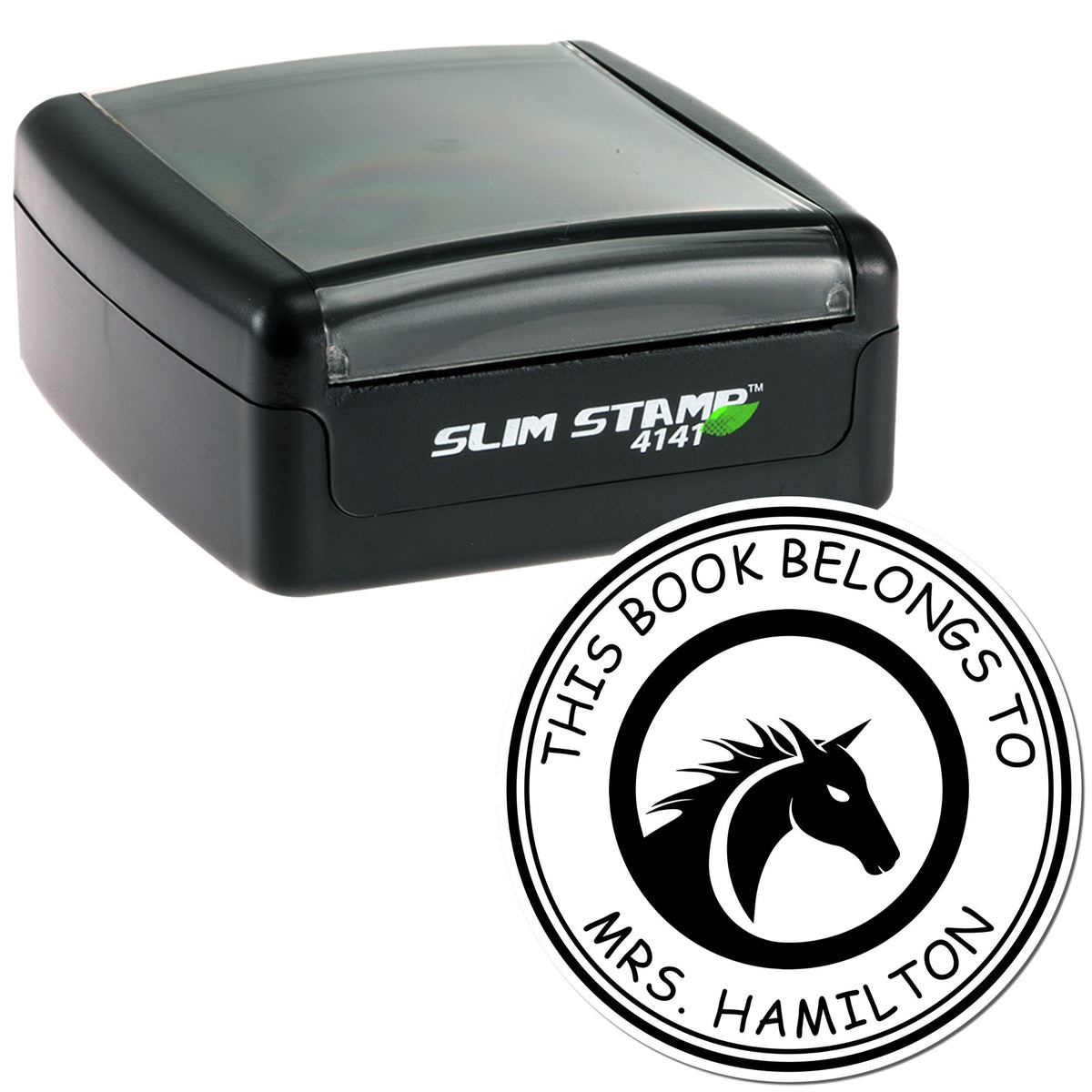 Black Slim Stamp 4141 self-inking stamp with custom circular book seal reading This Book Belongs to Mrs. Hamilton.