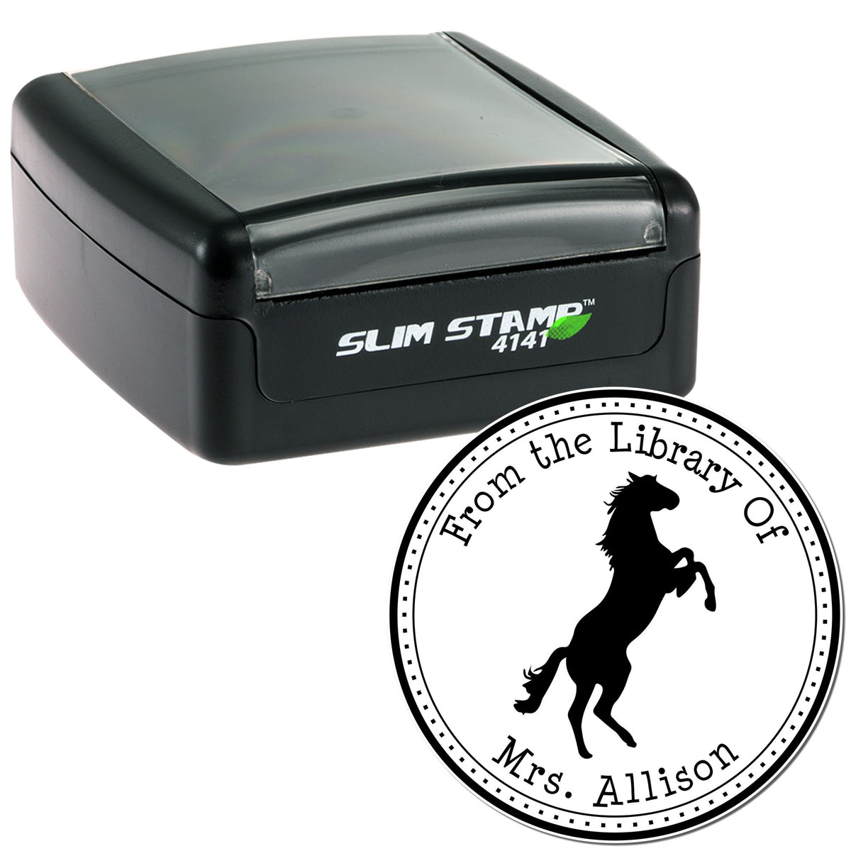 Black Slim Stamp 4141 self-inking stamp and round library seal with horse silhouette, white text, and dotted border.