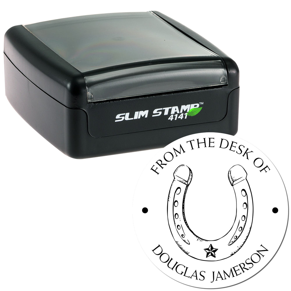 Black slim self-inking stamp and round white seal with horseshoe emblem