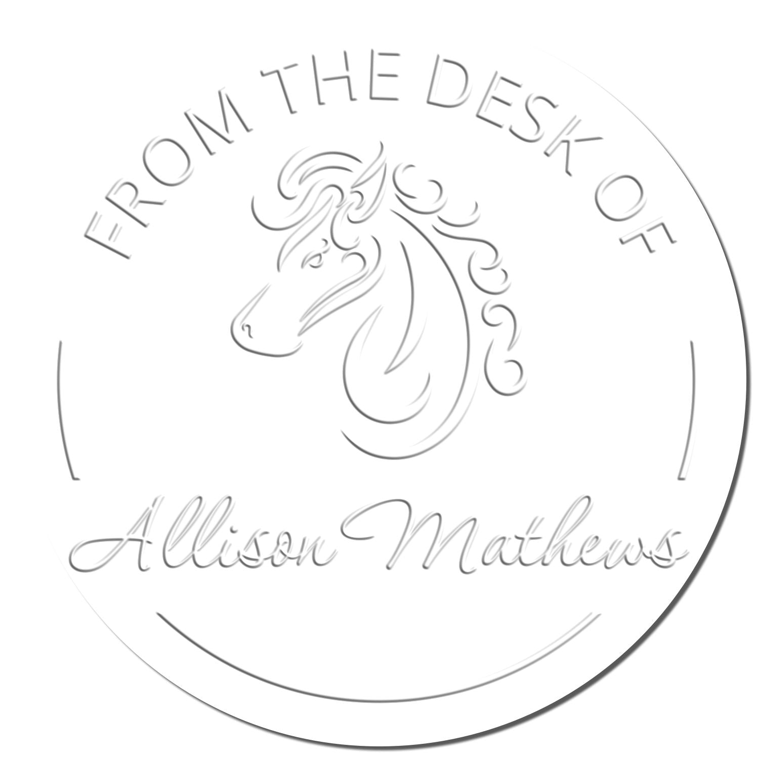 White circular embossed stamp seal with horse head logo and silver-gray text reading From the Desk of Allison Mathews.