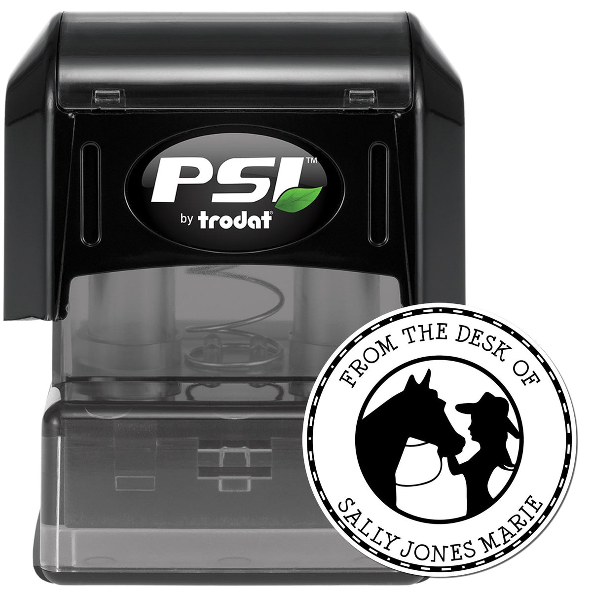 Black PSI by Trodat self-inking stamp with round horse-and-rider desk seal reading From the Desk of Sally Jones Marie