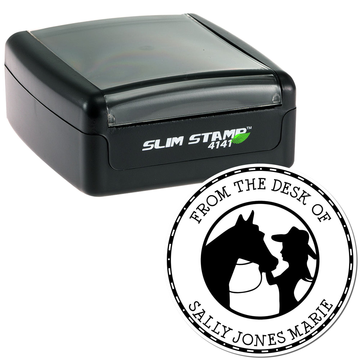 Black slim self-inking stamp with gray cover and custom circular seal, featuring a horse-and-rider silhouette and name text.