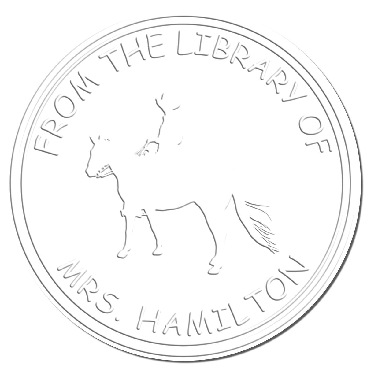Circular white library seal stamp with horse silhouette and embossed gray text From the Library of Mrs. Hamilton