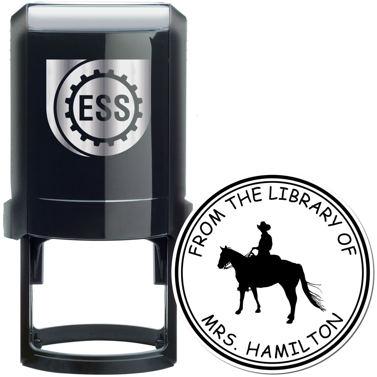 Black self-inking stamp and round library seal, black and silver, with ESS logo and cowboy silhouette on white background