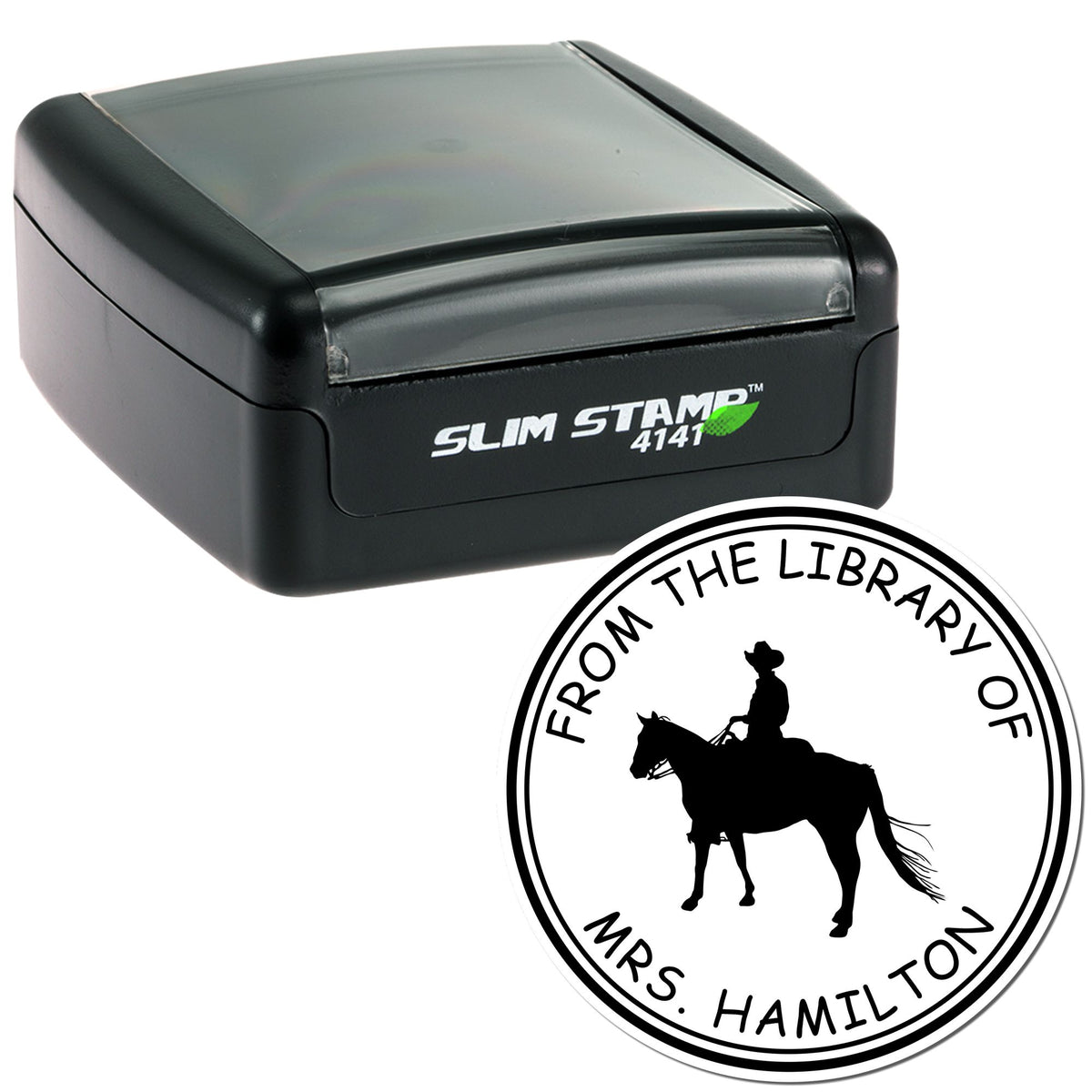 Black self-inking Slim Stamp 4141 with custom round seal featuring a horse rider silhouette and circular text