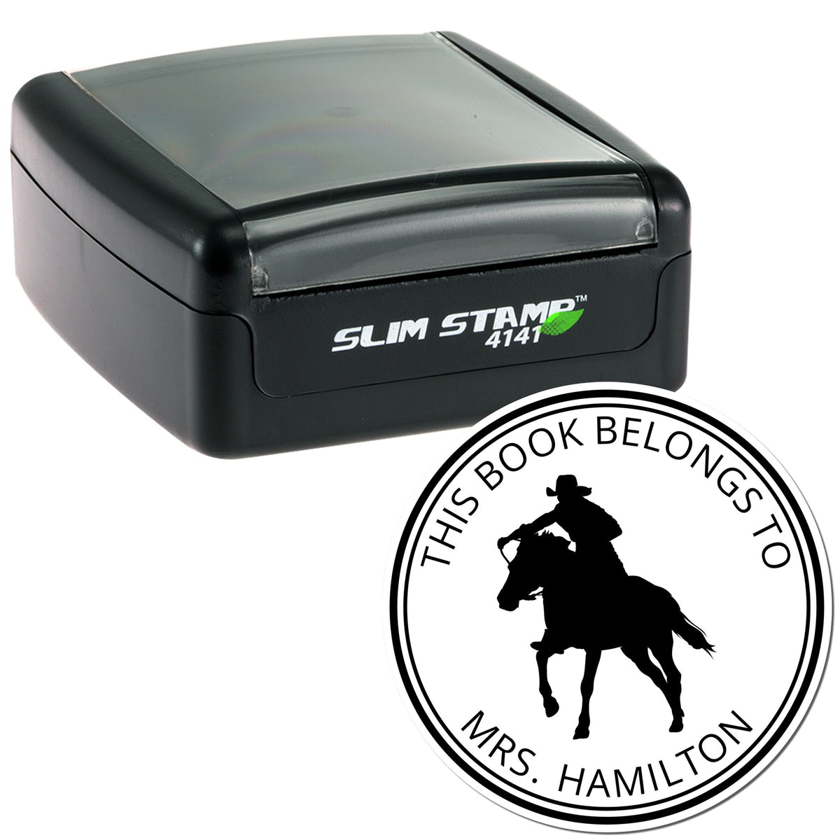 Black self-inking stamp and round book ownership seal, with gray top and black horse-and-rider design for Mrs. Hamilton.