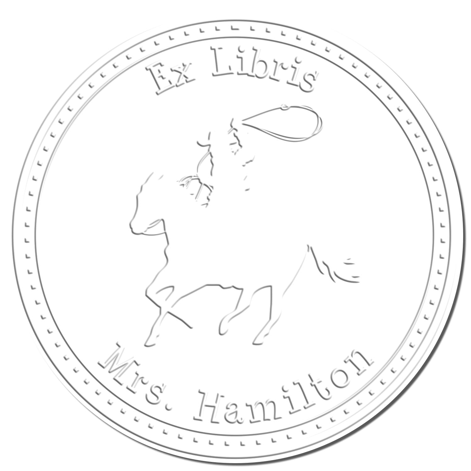 Round silver-gray Ex Libris stamp seal with horse silhouette and embossed text ÂMrs. HamiltonÂ